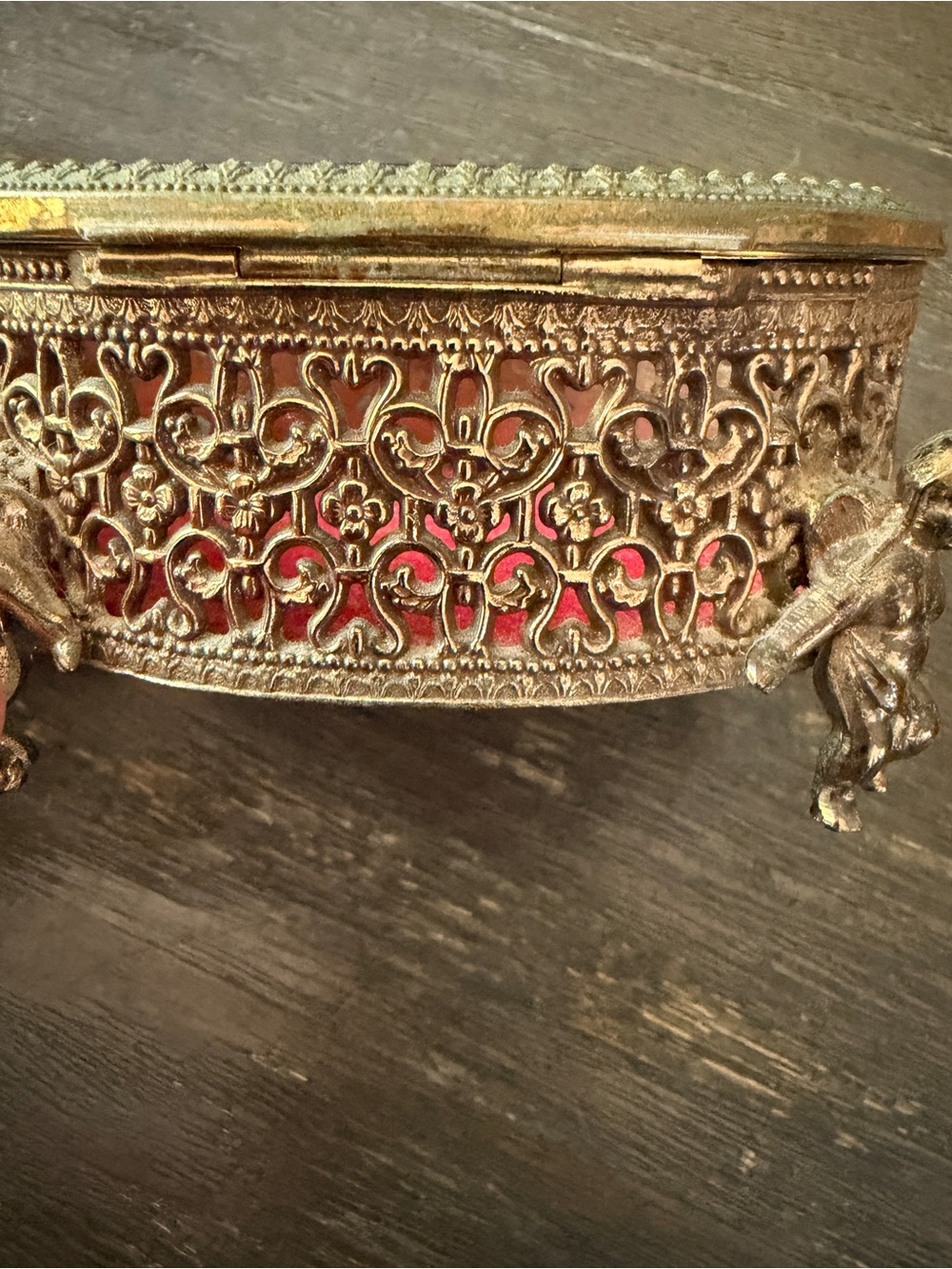 Vintage Gold Filigree Decorative Jewelry Box with Red Lining